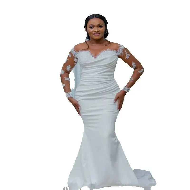 ที่กําหนดเอง SHEER คอ Sparkly ไข่มุกลูกปัดเงือกชุดแต่งงาน Robe Mariée แขนยาวแอฟริกันประเทศชุดเจ้าสาว