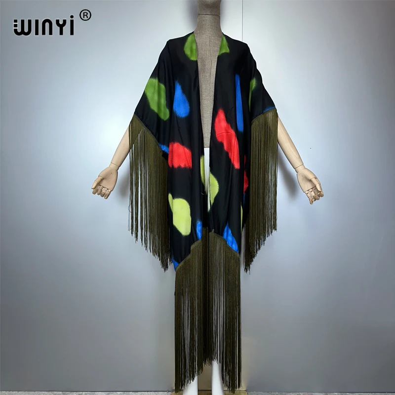 

WINYI kimono summer boho print Bikini Cover-up Elegant fashion Cardigan Holiday tassels dress fashion coat free size outwears