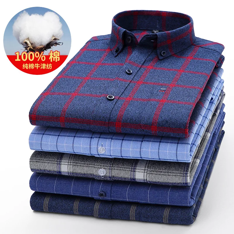 100% cotton 2024 new 6XL 7XL men's shirt Autumn and winter ground wool check non-ironing high quality leisure slim fashion