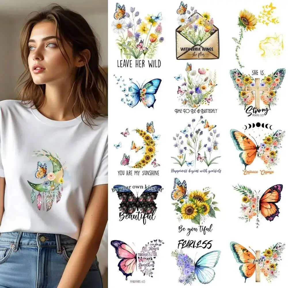 Fine Butterfly Sunflower Letter Transfer Patches For Clothes Applqiues DIY A-Level Washable T-shirts Iron-on Thermal Stickers