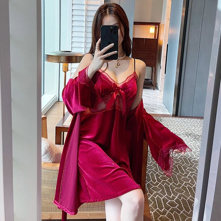 

Велюровый кружевной комплект: халат, ночная сорочка, кимоно, домашняя одежда, весенний бархатный комплект из 2 предметов, банный халат, ночная рубашка, домашняя одежда для отдыха