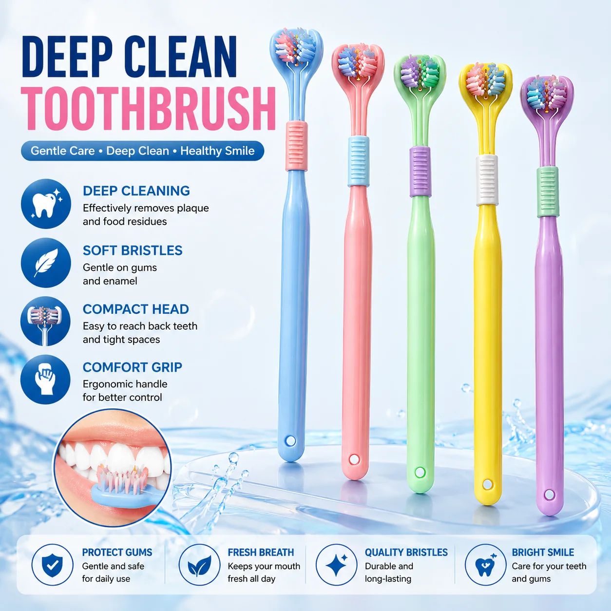 Adult Manual Three‑Sided Toothbrush, Premium Ultra‑Fine Soft Bristles, Gentle Oral Care Tool for Teeth and Gums Cleaning
