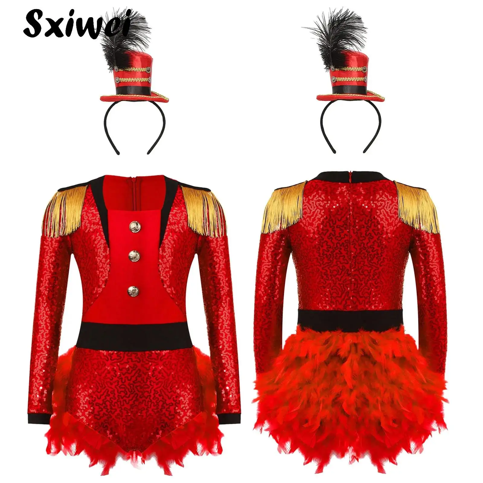 

Halloween Circus Performance Costume for Girls Kids Ringmaster Bodysuit Jumpsuit Sequins Leotard Dress Outfit Magician Dress Up