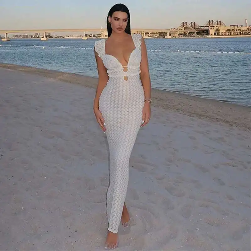 

Women Dress Puff Sleeve Long Dress For Women Deep V Neck High Waist A-line Maxi Dress Lady 2025 Summer Evening Party Robe