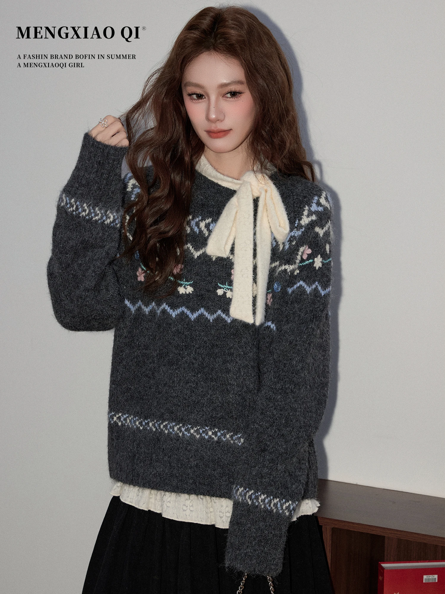 

Женский вязаный свитер Meng Xiaoqi Fair Isle, осенне-зимний, свободный крой, мягкий, с цветочным узором