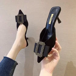 Baotou Half Slipper Clogs Shoe Women Pointed Toe Stiletto High Heels Korean All-match Pumps Luxury Square Rhinestone Mules Shoes