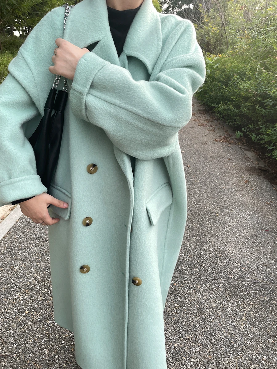 

New Casual Dounle-sided 10% Cashmere Coat Women Fashion Loose Lapel Long Sleeve Double Breasted Woolen Jacket Autumn Winter