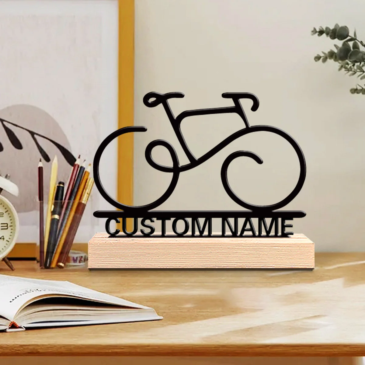 

1 pc Cool Bicycle model Customizable Name Metal Statue For Kids Gift Iron Sculpture Art Crafts With Wood Base Home Table Decor