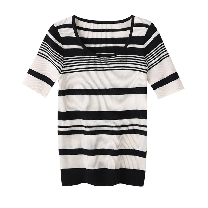 Summer Women\'s Stripe Sweater 2023 O-Neck short sleeve Knitted Casual Loose Thin T-shirt Large Size 4XL Female Pullover Mujer