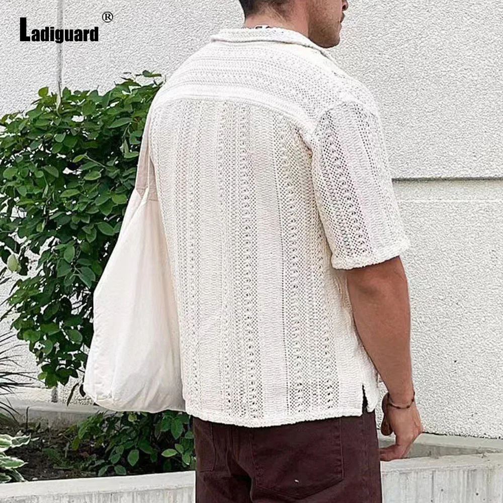 Europe 2024 Summer New Knitting Blouse Solid White Hollow Out Shirt Camisa Mens Casual Beach Top Cardigans Lepal Collar Knitwear