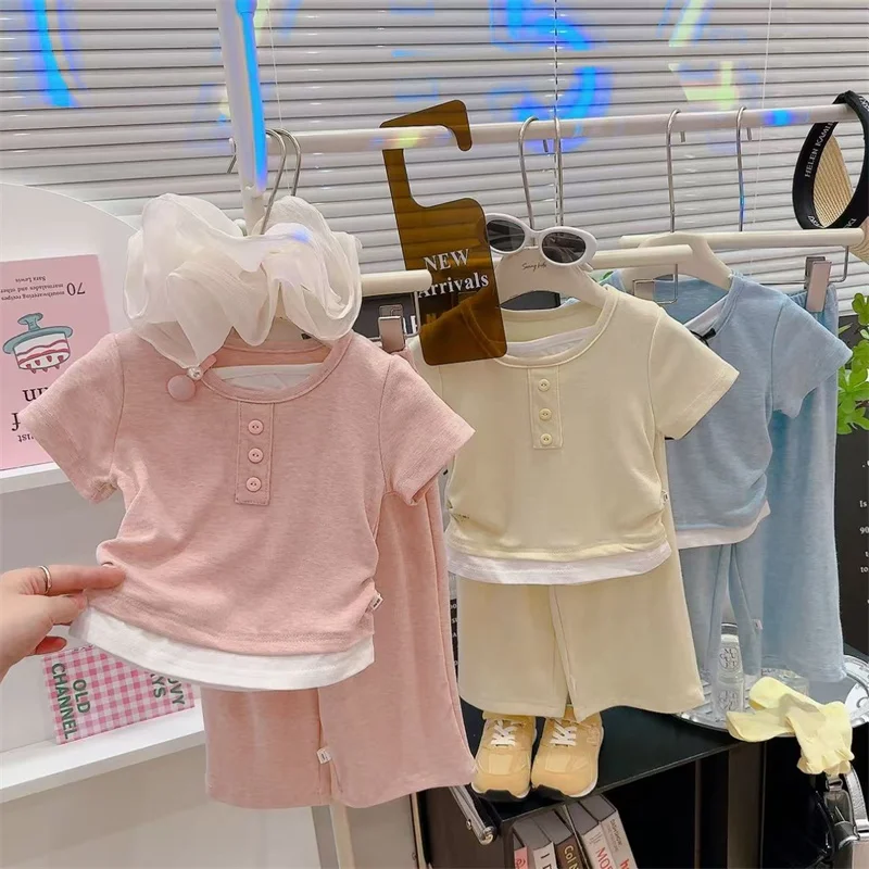 Baby Summer Sets Girls Tops Suit Children Short-Sleeved T-Shirt Trousers 2 Piece New Kids Solid Sweet Clothes Outfit 12M-12 Year