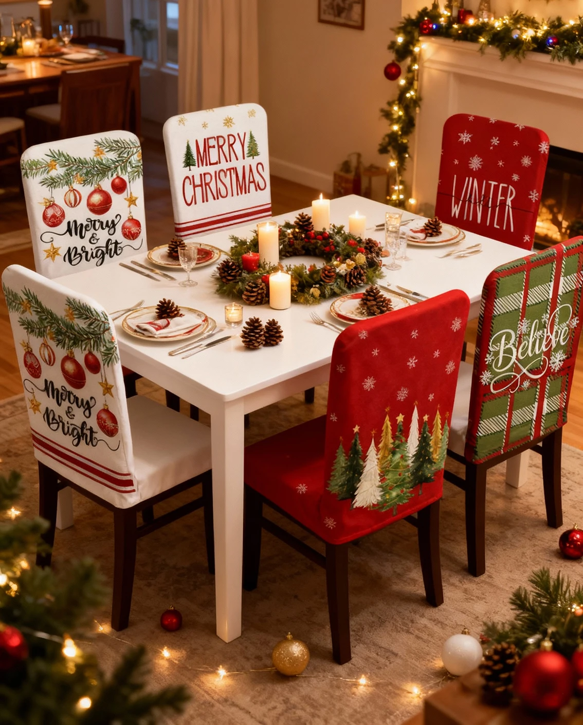 أغطية كراسي عيد الميلاد لغرفة الطعام، مجموعة من 6 قطع من زينة حفلات عيد الميلاد، غطاء قابل للغسل، غطاء مطبخ #1
