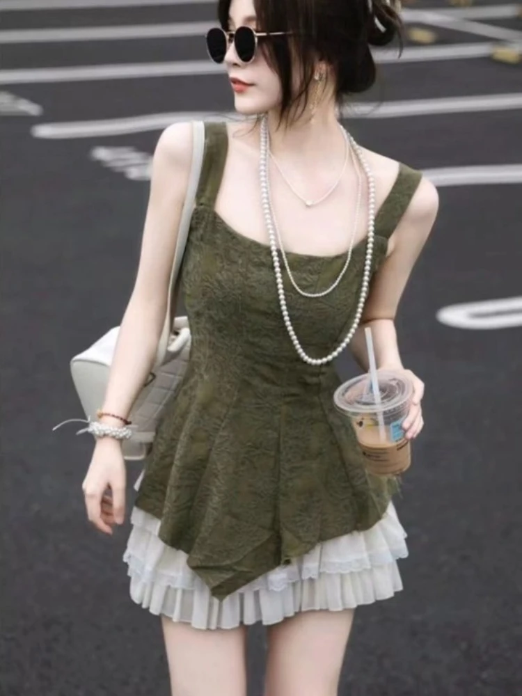 

Y2k Spice Girls Matching Sets Folds Irregular Camis Tops High Waist Lace Ruffles Mini Skirts Summer Female Slim Women's Clothing