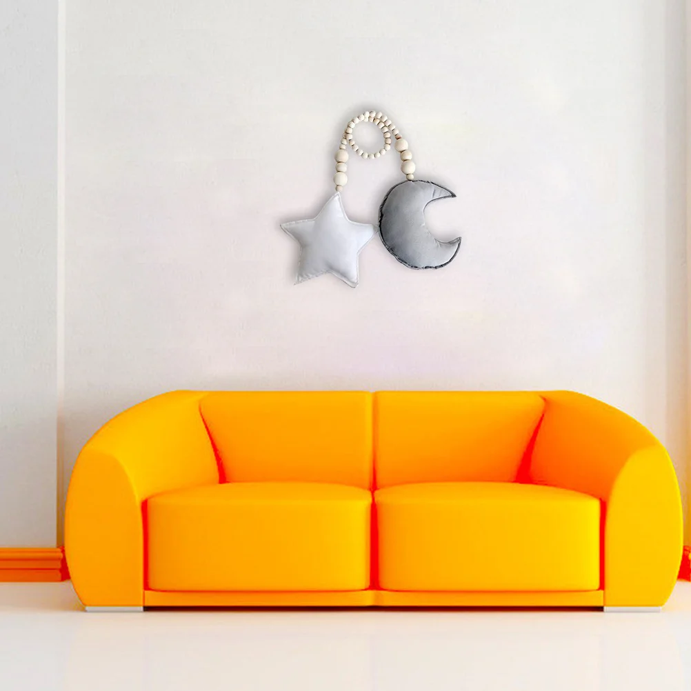 月と星の木製ビーズハンギングオーナメント、白い部屋、ベビーベッド、子供部屋、壁掛けアート、ハンギングデコレーション