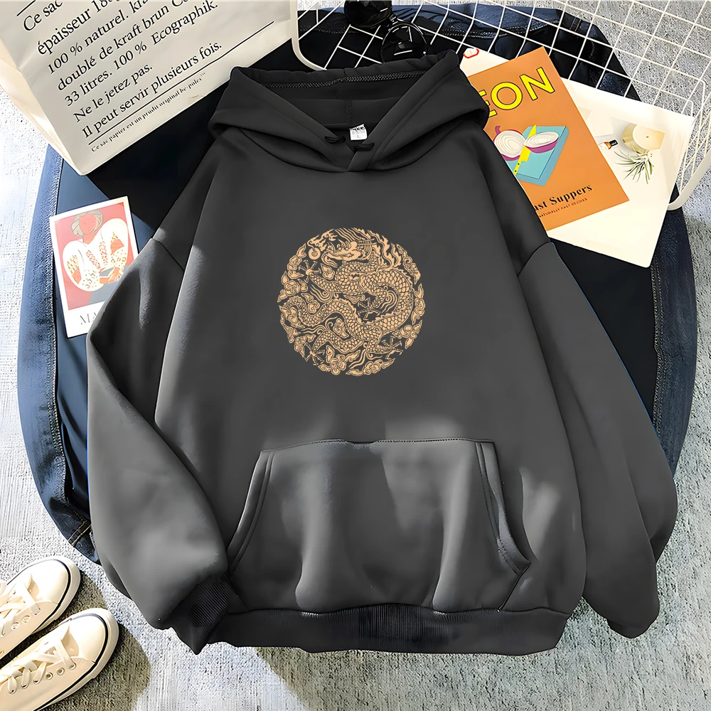 Hirsionsan High Street Dragon Print Hoodies Women Soft Oversized Sportwear Female Sweatshirt Streetwear Fleece Girls Clothes