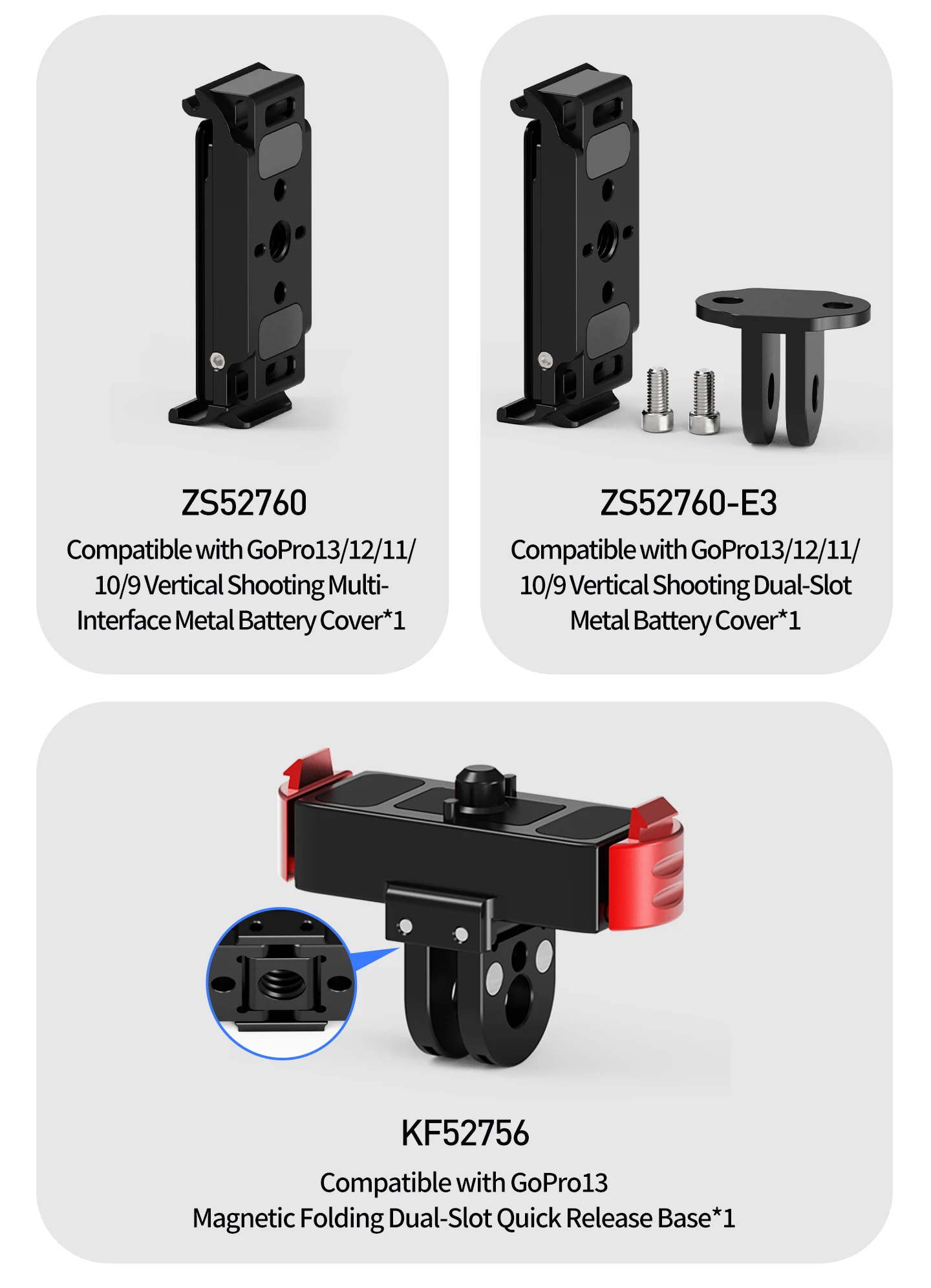 Metall-Seitenabdeckung Batteriefach für GoPro 13 12 11 10 9 Einfach Abnehmbar Staubdicht Magnetisch Schnellverschluss 1/4" Schraubmontage-Set – Detail 3