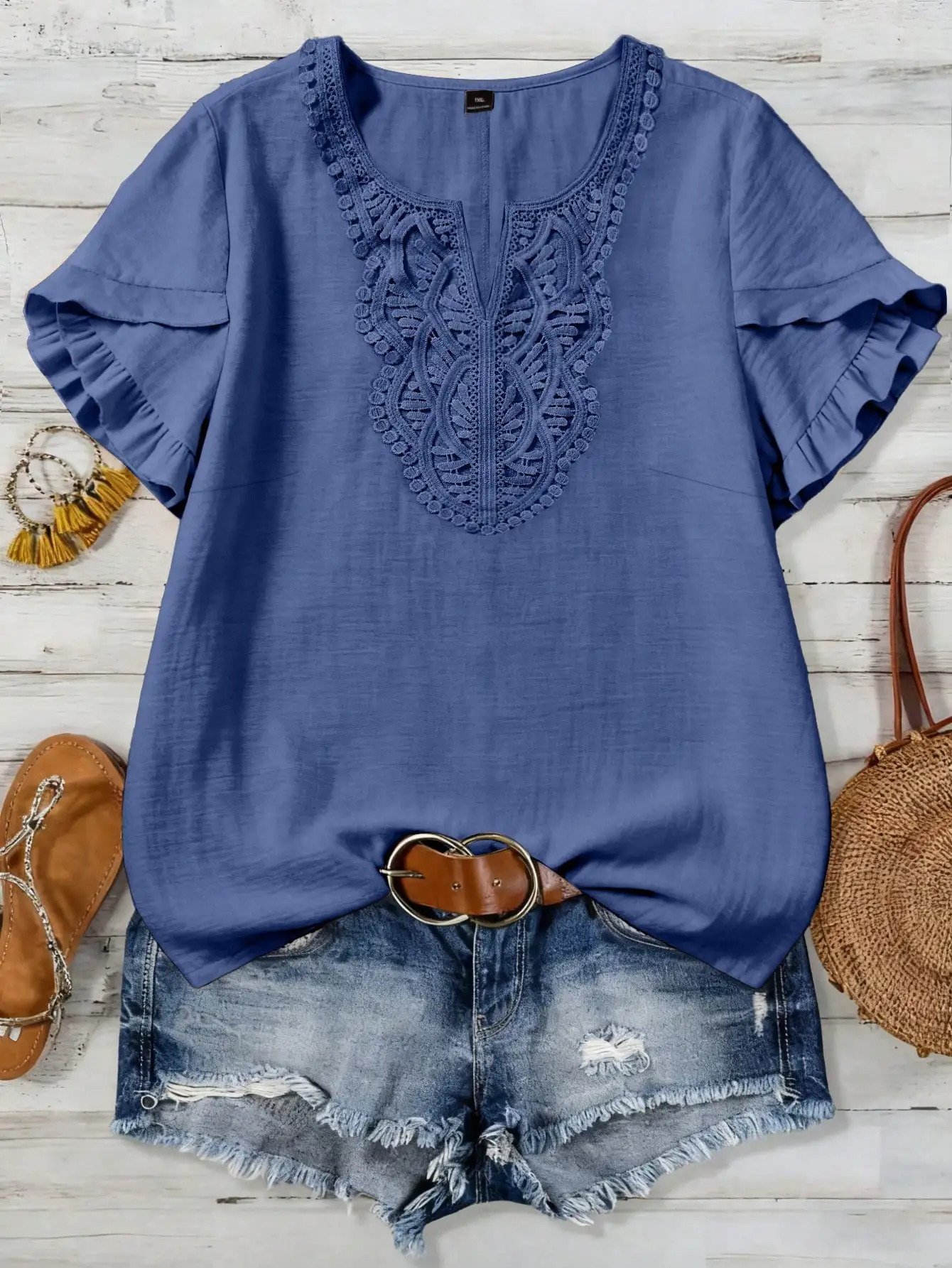 

Women's Loose Fit Embroidered V-Neck Short Sleeve Summer Blouse