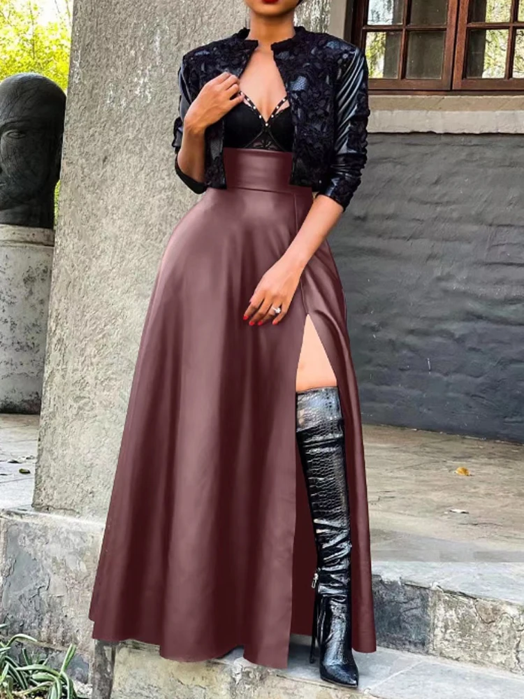 PU Leather High Slit Pocket Design Skirt