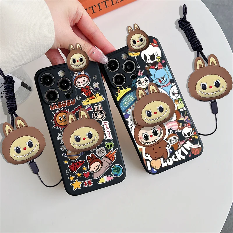 For Motorola G53 G52 G51 G50 G60 G62 G71 G72 G73 G82 G84 G100 3D Cartoon Labubu Toy Phone Holder Case With Lanyard Strap Cover