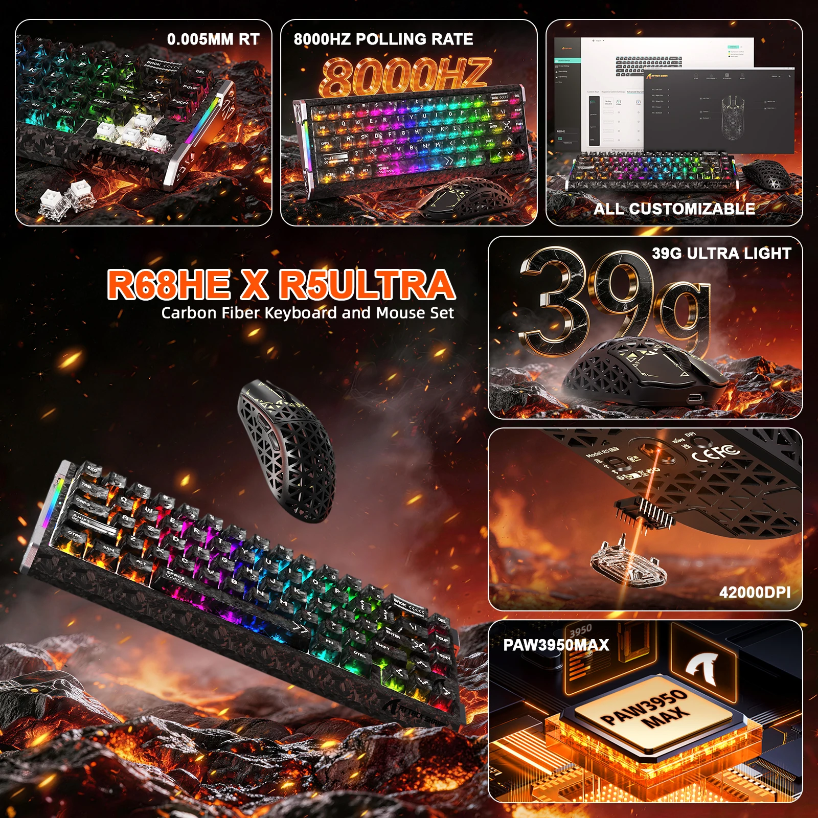 ATTACK SHARK R68 HE 60% RGB 8000Hz Wired Gaming Keyboard + R5 ULTRA 49g SUPERLIGHT Mouse, 42000 DPI PAW3950MAX Wireless Mice