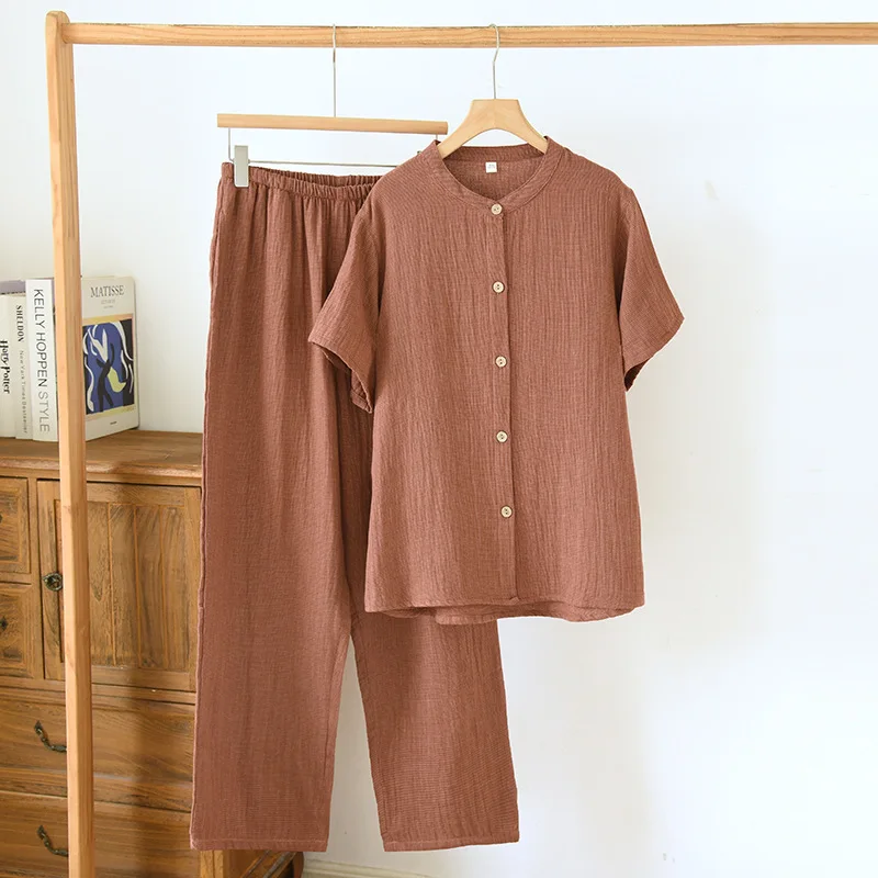 

Simple Style Brown Color Cotton Spring and Summer Short Sleeved Cardigan Tops with Long Pants Set Women's Sleepwear Clothes