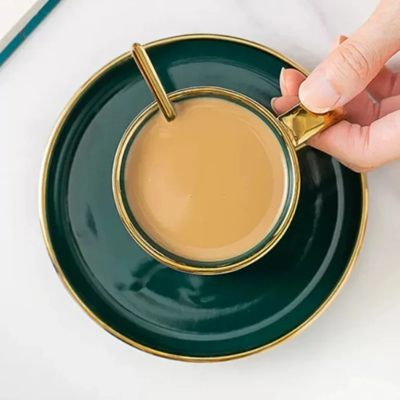 Green Coffee Cup Set with Spoon, Dim Sum Dish, Afternoon Tea, Black Tea Cup, Handle Mug, Household Tea Set