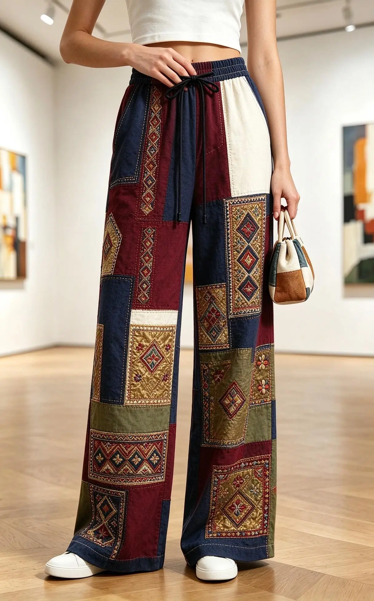 Women Wide Leg Pants Patchwork Block Color Print Drawstring Elastic Waist Loose Casual Trousers Art Gallery Streetwear