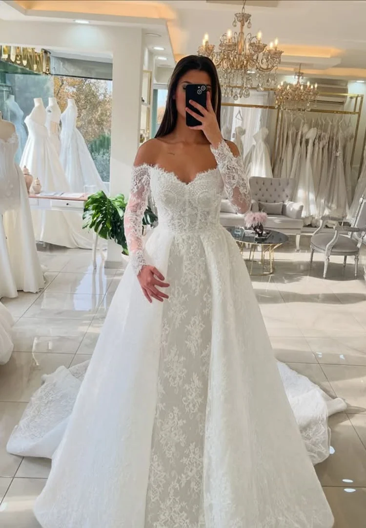 

Vestido De Novia Encaje Ball Gown Wedding Dress manga larga elegante Blanco Vestidos Con Corse Alta Calidad Bespoke Vintage Boda