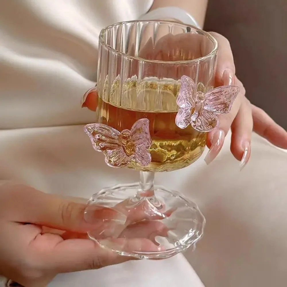 

New 3D Sculpture Glass Cup Stripe Butterfly Wine Glass Drinkware Glass High Legged Cup Champagne
