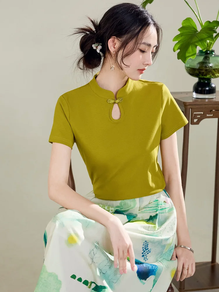 New Women Chinese Style T-shirt Summer Fashion Stand Collar Short Sleeve Loose Cotton Tees Tops Elegant Cheongsam T-shirt