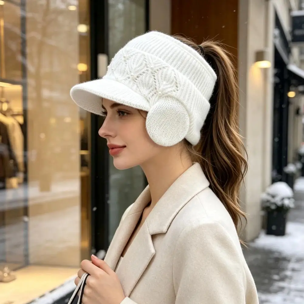 Versatile Winter Hat Winter Knitted Visor Hat Winter Ponytail Hat with Ear Flaps Women’s Knitted Peaked Cap Open for Outdoor