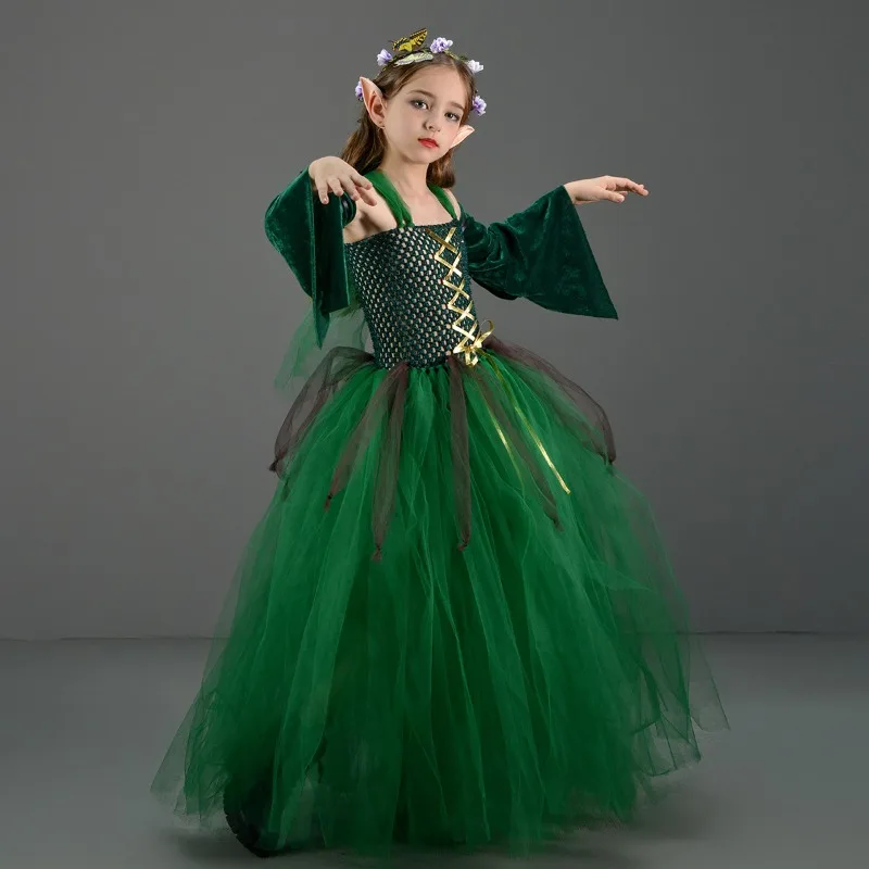 Theeper Long Maxi Dress Dark Green Forest Style Evening Gown Halloween Outfit Medieval Costume Party Performance Flowy Formal