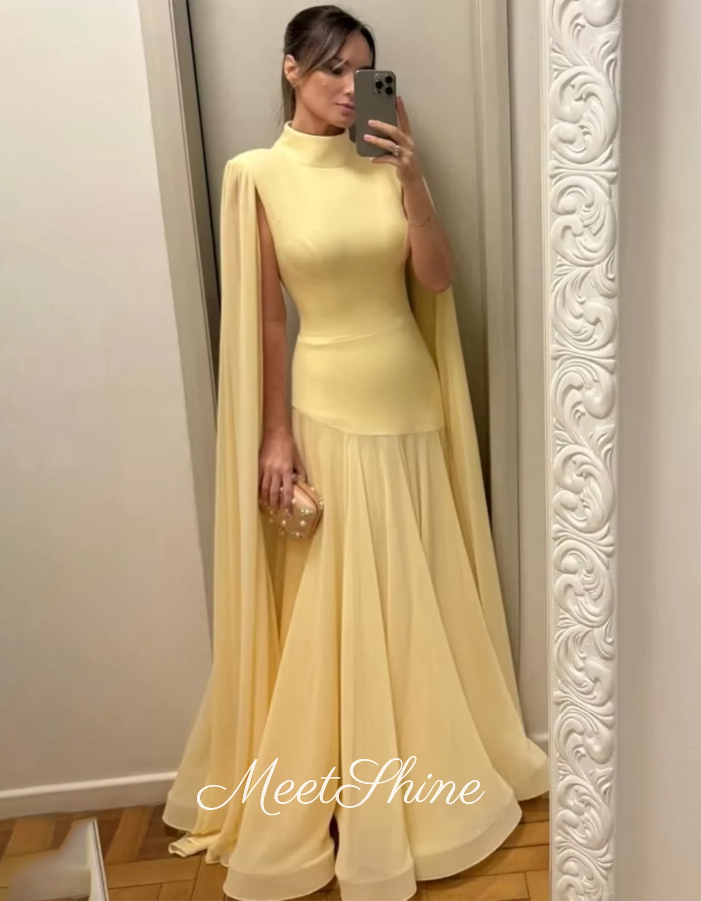 Vestido de noche de sirena con cuello alto, vestido de fiesta largo hasta el suelo de gasa amarilla, vestidos de cóctel personalizados, vestido de novia de Arabia Saudita