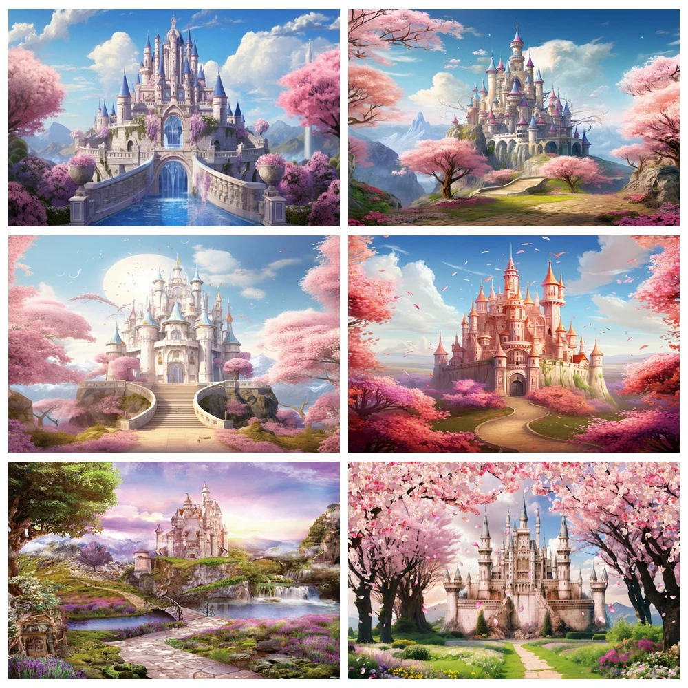 

Princess Castle Backdrop Fairy Tale Blue Sky and White Clouds Photography Background Kids Girl Birthday Baby Shower Photo Studio