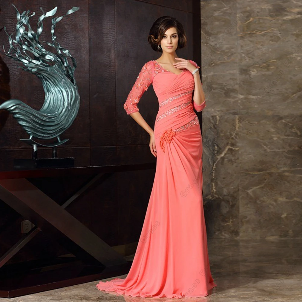 Three Quarter Mother of Bride Dresses for Women 2025 Mermaid Chiffon Wedding Party Dresses Beading Court Train Robe De Soirée