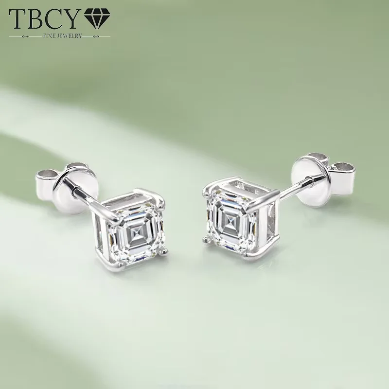 Kolczyki z moissanitem TBCYD 2CT D VVS1 o szlifie Asscher dla kobiet, srebro próby S925, klasyczne kolczyki sztyfty z 4 łapkami, błyszcząca biżuteria.