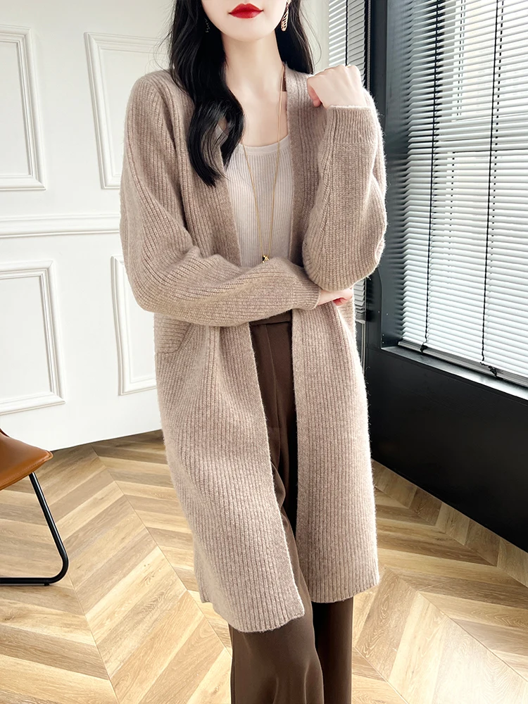 

Classic Autumn Winter Women 100% Merino Wool Sweater Solid Long Loose Knitted Cardigan Casual Basics Soft Cashmere Clothing Top