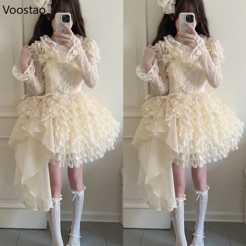 Süße Lolita Prinzessin Jsk Kleid Frauen Harajuku Kawaii Spitze Rüschen Mesh Kuchen Kleider Band niedlichen Trail ing Abend Party Vestidos