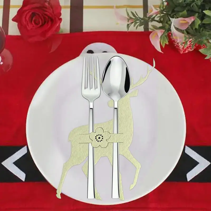 4 buah 3 warna pisau Natal dan pemegang garpu rusa alat makan saku tas alat makan kain tidak ditenun pengatur peralatan masak dekorasi meja