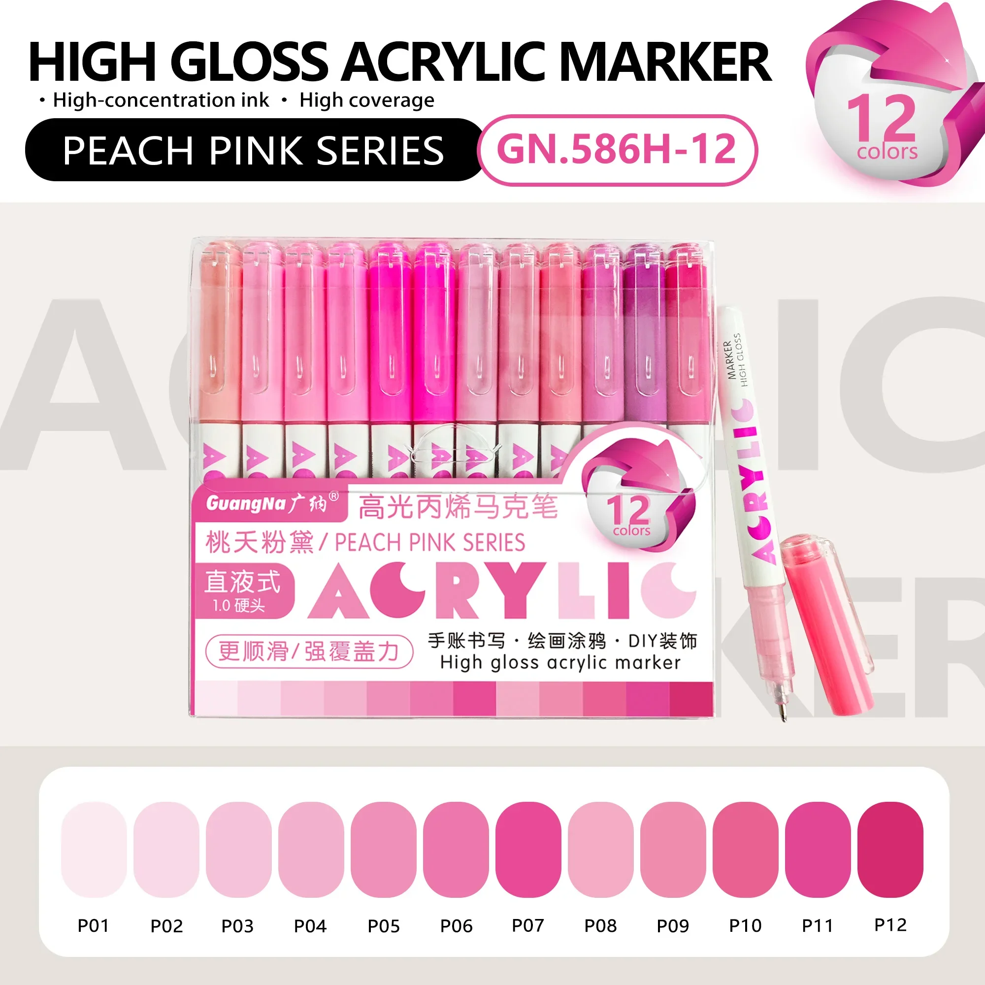 GuangNa 168/12 Kleuren Hoogglans Acrylmarker Set - Premium Direct Liquid Verfpennen voor Kunst, Schilderen, Handlettering & DIY