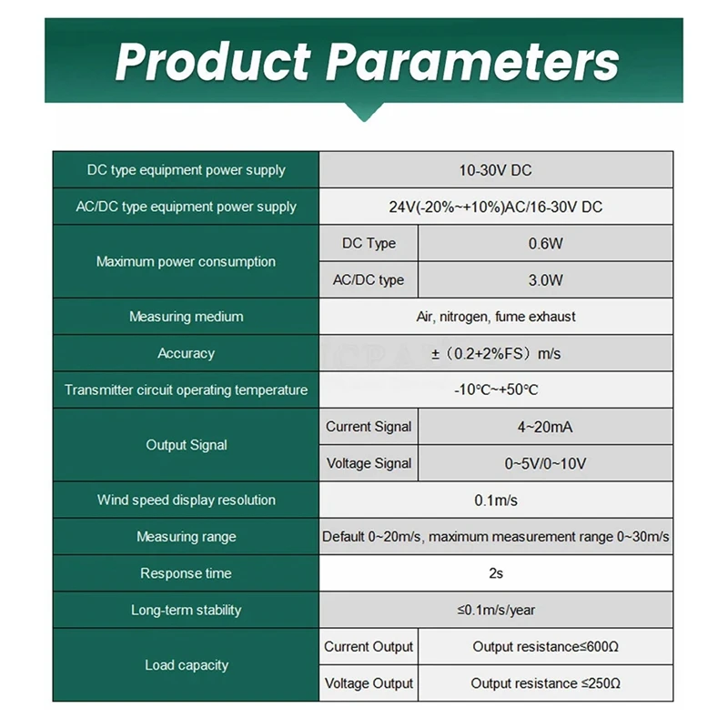 Sensor de velocidad del viento de tuberías de 0-30 M/S, alta precisión, fontanería, Detector de volumen de velocidad del aire, transmisores