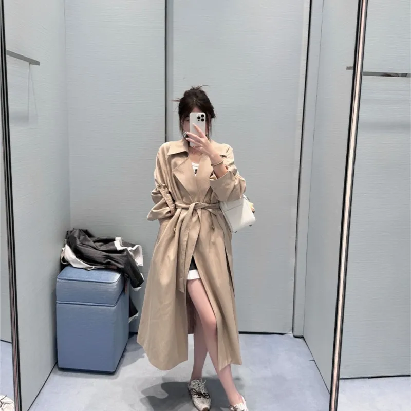 New khaki trench coat women's long over the knee waist temperament casual