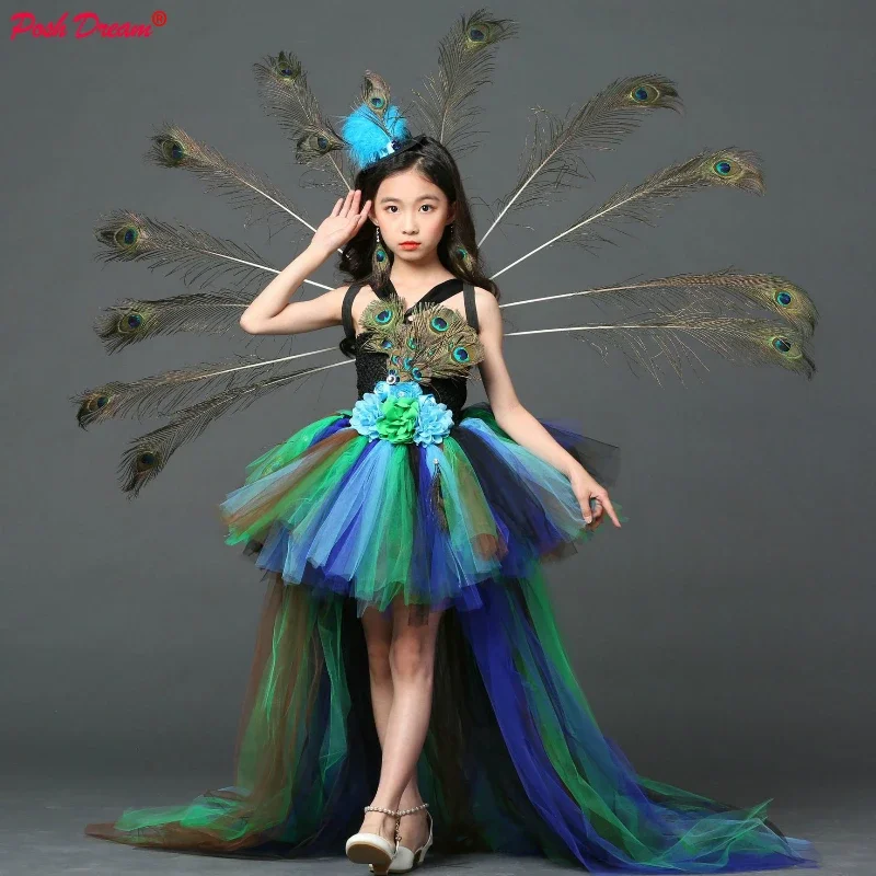 Peacock Flower Party Tutu Dresses Children Party Evening Dress Pageant Prom Ball Gown Kids Peacock Feather Halloween Dresses