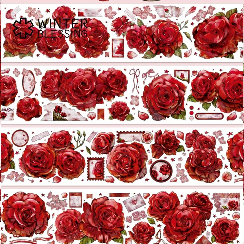 2 m Laser PET Washi Tape Rote Rose Transparente Rolle Aufkleber Dekoratives Klebeband Für Scrapbooking Journal Ästhetisches Briefpapier