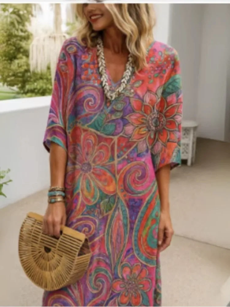 Sukienka w stylu vintage z nadrukiem, damska moda, krótki rękaw, dekolt w serek, luźne sukienki dla kobiet, codzienna odzież damska w stylu boho na wakacje, nowa szata damska.