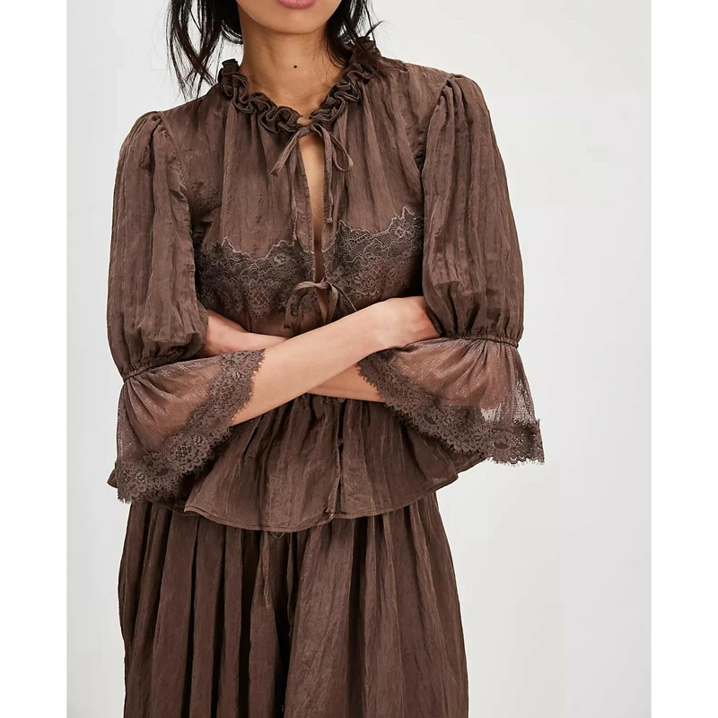 

Combhasaki Women 2Piece Chic Floral Lace Sheer Patchwork Outfits Set Tie Front Ruffle Hem Babydoll Shirt Top+Drawstring Blommers