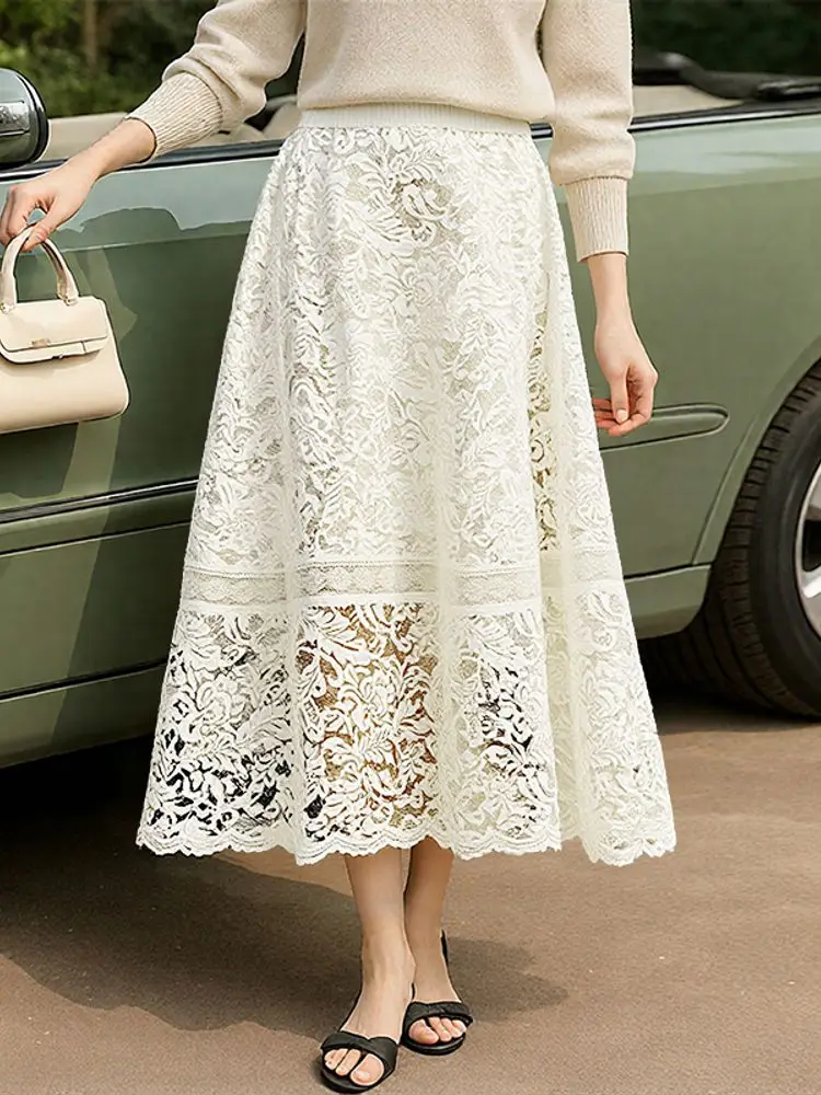 

ZANZEA Women Skirts Lace Solid Overskirts 2025 Autumn Fashion Elastic Waist Women's Clothing Hollow Outs Midi Bottoms S-3XL