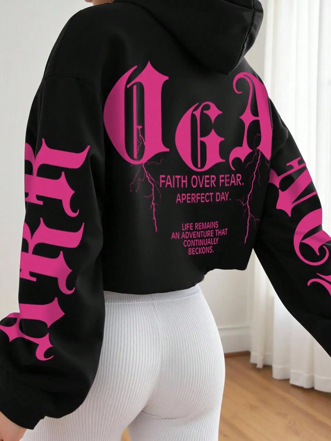 

Women's Cropped Hoodie with Bold Gothic Letter Print, Streetwear Style