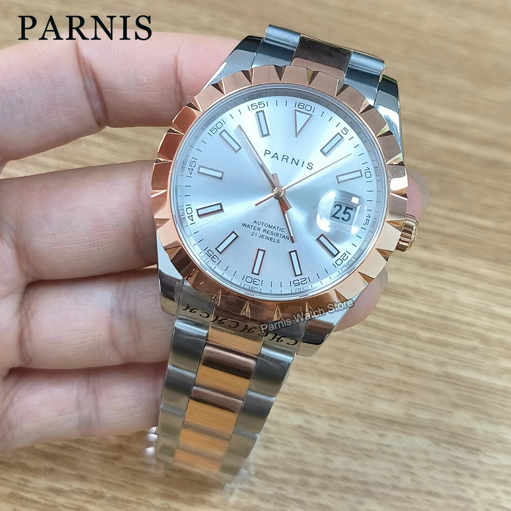 Parnis 39.5mm Automatic Stainless Bracelet Luminous Marker Silver Rose Gold Men's Wristwatch