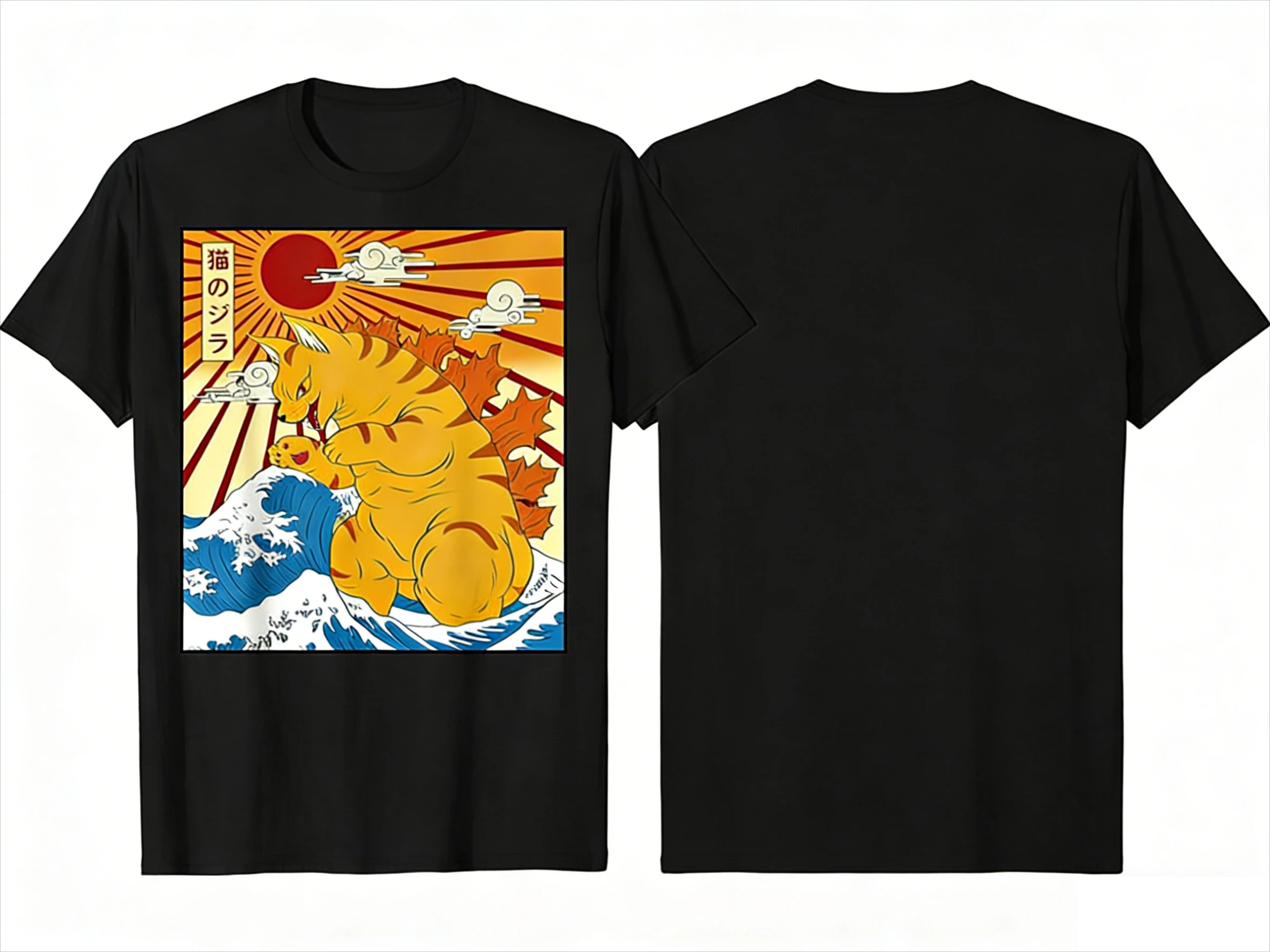 تي شيرت Cat & Wave Print مضحك ياباني Cat Meme بأكمام قصيرة - تي شيرت كاجوال للجنسين بنمط Y2K ثقيل الوزن من القطن برسوم جرافيك